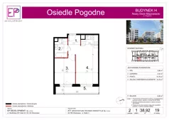 2 pokoje, mieszkanie 38,92 m², piętro 1, oferta nr H19, Osiedle Pogodne, NOWY ETAP bud. G, H, Nowy Dwór Mazowiecki, Nowodworzanka, ul. Pogodna / Leśna / Dębowa