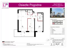 3 pokoje, mieszkanie 55,57 m², piętro 2, oferta nr H31, Osiedle Pogodne, NOWY ETAP bud. G, H, Nowy Dwór Mazowiecki, Nowodworzanka, ul. Pogodna / Leśna / Dębowa