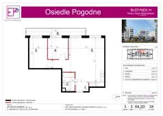 3 pokoje, mieszkanie 64,20 m², piętro 3, oferta nr H34, Osiedle Pogodne, NOWY ETAP bud. G, H, Nowy Dwór Mazowiecki, Nowodworzanka, ul. Pogodna / Leśna / Dębowa