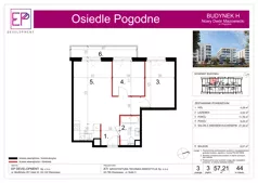 3 pokoje, mieszkanie 57,21 m², piętro 3, oferta nr H44, Osiedle Pogodne, NOWY ETAP bud. G, H, Nowy Dwór Mazowiecki, Nowodworzanka, ul. Pogodna / Leśna / Dębowa