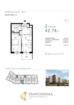 2 pokoje, mieszkanie 42,78 m², piętro 2, oferta nr 21, Osiedle Roztocze, Lublin, Węglin Południowy, ul. Roztocze 6