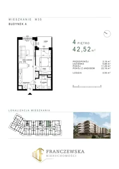 2 pokoje, mieszkanie 42,52 m², piętro 4, oferta nr 35, Osiedle Roztocze, Lublin, Węglin Południowy, ul. Roztocze 6