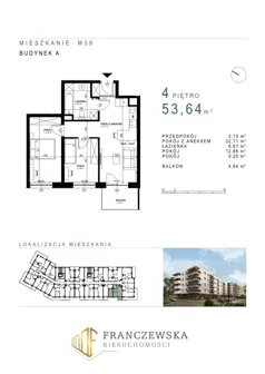 3 pokoje, mieszkanie 53,64 m², piętro 4, oferta nr 39, Osiedle Roztocze, Lublin, Węglin Południowy, ul. Roztocze 6
