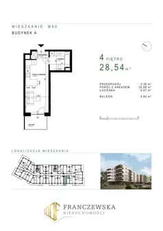 1 pokój, mieszkanie 28,54 m², piętro 4, oferta nr 40, Osiedle Roztocze, Lublin, Węglin Południowy, ul. Roztocze 6