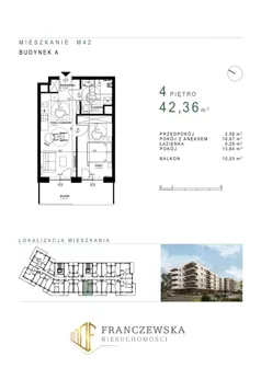 2 pokoje, mieszkanie 42,36 m², piętro 4, oferta nr 42, Osiedle Roztocze, Lublin, Węglin Południowy, ul. Roztocze 6