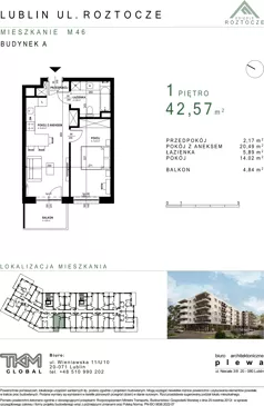 2 pokoje, mieszkanie 42,57 m², piętro 1, oferta nr 46, Osiedle Roztocze, Lublin, Węglin Południowy, ul. Roztocze 6