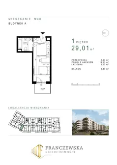 1 pokój, mieszkanie 29,01 m², piętro 1, oferta nr 48, Osiedle Roztocze, Lublin, Węglin Południowy, ul. Roztocze 6