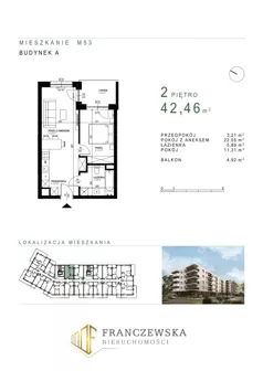 2 pokoje, mieszkanie 42,46 m², piętro 2, oferta nr 53, Osiedle Roztocze, Lublin, Węglin Południowy, ul. Roztocze 6