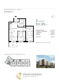 3 pokoje, mieszkanie 53,65 m², piętro 2, oferta nr 57, Osiedle Roztocze, Lublin, Węglin Południowy, ul. Roztocze 6