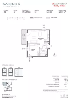 2 pokoje, mieszkanie 46,57 m², piętro 2, oferta nr C2.12, Awionika, Gdańsk, Matarnia, ul. Radiowa