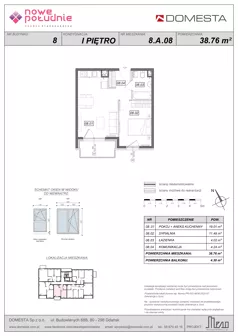 2 pokoje, mieszkanie 38,76 m², piętro 1, oferta nr 8.A.08, Nowe Południe - budynek 8, Gdańsk, Orunia Górna-Gdańsk Południe, Maćkowy, ul. Starogrodzka / Borkowska