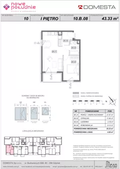 2 pokoje, mieszkanie 43,33 m², piętro 1, oferta nr 10.B.08, Nowe Południe - budynek 10, Gdańsk, Orunia Górna-Gdańsk Południe, Maćkowy, ul. Starogrodzka / Borkowska