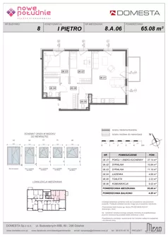 3 pokoje, mieszkanie 65,08 m², piętro 1, oferta nr 8.A.06, Nowe Południe - budynek 8, Gdańsk, Orunia Górna-Gdańsk Południe, Maćkowy, ul. Starogrodzka / Borkowska
