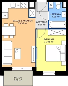 2 pokoje, mieszkanie 38,89 m², piętro 1, oferta nr 10.B.07, Nowe Południe - budynek 10, Gdańsk, Orunia Górna-Gdańsk Południe, Maćkowy, ul. Starogrodzka / Borkowska