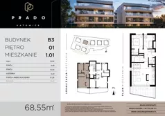 3 pokoje, mieszkanie 68,55 m², piętro 1, oferta nr B3.B.1.01, Prado, Katowice, Piotrowice-Ochojec, Piotrowice, ul. Wojska Polskiego