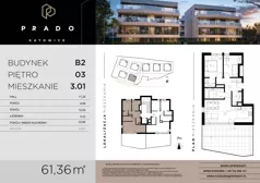 3 pokoje, mieszkanie 61,36 m², piętro 3, oferta nr B2.B.3.01, Prado, Katowice, Piotrowice-Ochojec, Piotrowice, ul. Wojska Polskiego