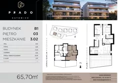 3 pokoje, mieszkanie 65,70 m², piętro 3, oferta nr B1.B.3.02, Prado, Katowice, Piotrowice-Ochojec, Piotrowice, ul. Wojska Polskiego