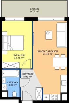 2 pokoje, mieszkanie 42,43 m², piętro 1, oferta nr A.016, Osiedle Mira, Pruszków, Centrum, ul. Miry Zimińskiej – Sygietyńskiej 5
