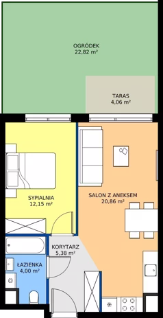 2 pokoje, mieszkanie 41,41 m², piętro 1, oferta nr A.013, Osiedle Mira, Pruszków, Centrum, ul. Miry Zimińskiej – Sygietyńskiej 5