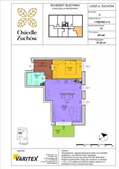 2 pokoje, mieszkanie 47,24 m², piętro 1, oferta nr C15, Osiedle Zuchów II, Łódź, Górna, Rokicie, ul. Zuchów 4