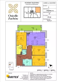 4 pokoje, mieszkanie 73,47 m², piętro 1, oferta nr C14, Osiedle Zuchów II, Łódź, Górna, Rokicie, ul. Zuchów 4