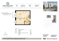 2 pokoje, mieszkanie 46,37 m², parter, oferta nr B1, Apartamenty przy Młynie, Boguchwała, ul. Cicha 2