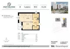 2 pokoje, mieszkanie 51,54 m², piętro 1, oferta nr B15, Apartamenty przy Młynie, Boguchwała, ul. Cicha 2