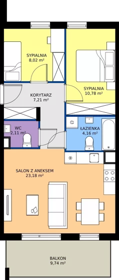 3 pokoje, mieszkanie 55,46 m², piętro 1, oferta nr 8-34, Osiedle Bella Vista etap VI, Kielce, Ostra Górka, ul. Generała Andersa / Domki