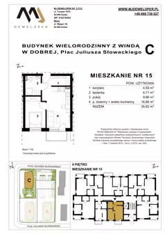 2 pokoje, mieszkanie 35,82 m², piętro 2, oferta nr 15, Osiedle Dobre, Dobra, Pl. Juliusza Słowackiego