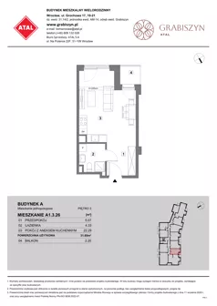 1 pokój, mieszkanie 31,69 m², piętro 3, oferta nr A1.3.26, ATAL Grabiszyn, Wrocław, Gajowice, Fabryczna, ul. Grochowa