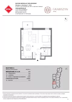 1 pokój, mieszkanie 43,39 m², piętro 4, oferta nr A1.4.34, ATAL Grabiszyn, Wrocław, Gajowice, Fabryczna, ul. Grochowa