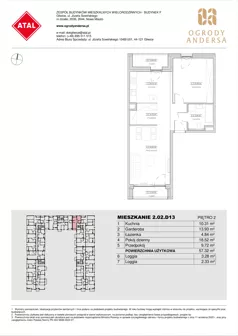 1 pokój, mieszkanie 57,32 m², piętro 2, oferta nr 2.02.D13, Ogrody Andersa IV, Gliwice, Wojska Polskiego, ul. J. Sowińskiego