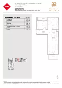 1 pokój, mieszkanie 57,96 m², piętro 1, oferta nr 3.01.B04, Ogrody Andersa IV, Gliwice, Wojska Polskiego, ul. J. Sowińskiego