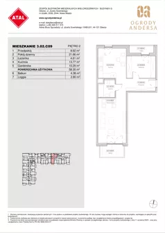 1 pokój, mieszkanie 58,35 m², piętro 2, oferta nr 3.02.C09, Ogrody Andersa IV, Gliwice, Wojska Polskiego, ul. J. Sowińskiego