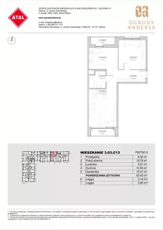 1 pokój, mieszkanie 55,43 m², piętro 3, oferta nr 3.03.C13, Ogrody Andersa IV, Gliwice, Wojska Polskiego, ul. J. Sowińskiego