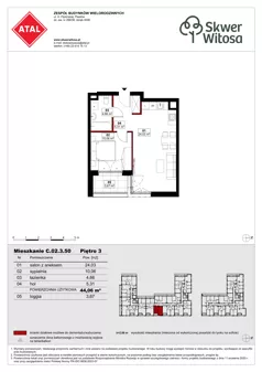 2 pokoje, mieszkanie 44,06 m², piętro 3, oferta nr C02.3.50, Skwer Witosa, Piastów, ul. Bodycha/Witosa
