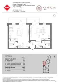 2 pokoje, mieszkanie 73,39 m², piętro 1, oferta nr A1.1.11, ATAL Grabiszyn, Wrocław, Gajowice, Fabryczna, ul. Grochowa