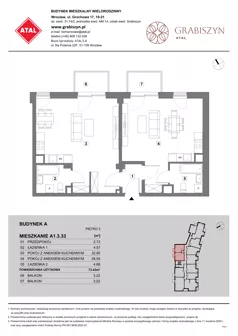 2 pokoje, mieszkanie 73,43 m², piętro 3, oferta nr A1.3.33, ATAL Grabiszyn, Wrocław, Gajowice, Fabryczna, ul. Grochowa