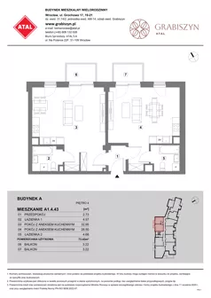 2 pokoje, mieszkanie 73,43 m², piętro 4, oferta nr A1.4.43, ATAL Grabiszyn, Wrocław, Gajowice, Fabryczna, ul. Grochowa