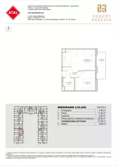 2 pokoje, mieszkanie 41,39 m², piętro 3, oferta nr 2.03.A20, Ogrody Andersa IV, Gliwice, Wojska Polskiego, ul. J. Sowińskiego