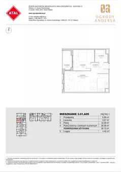 2 pokoje, mieszkanie 48,13 m², piętro 1, oferta nr 3.01.A09, Ogrody Andersa IV, Gliwice, Wojska Polskiego, ul. J. Sowińskiego