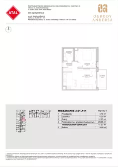 2 pokoje, mieszkanie 41,07 m², piętro 1, oferta nr 3.01.A14, Ogrody Andersa IV, Gliwice, Wojska Polskiego, ul. J. Sowińskiego