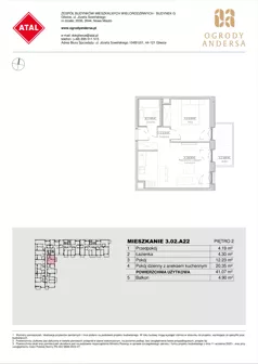 2 pokoje, mieszkanie 41,07 m², piętro 2, oferta nr 3.02.A22, Ogrody Andersa IV, Gliwice, Wojska Polskiego, ul. J. Sowińskiego