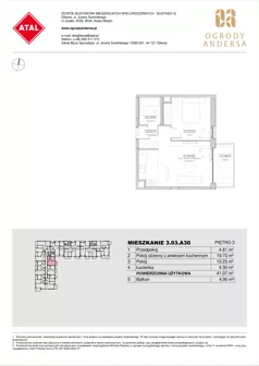 2 pokoje, mieszkanie 41,07 m², piętro 3, oferta nr 3.03.A30, Ogrody Andersa IV, Gliwice, Wojska Polskiego, ul. J. Sowińskiego