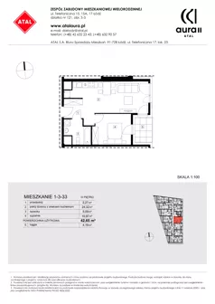 2 pokoje, mieszkanie 42,65 m², piętro 3, oferta nr 1-3-33, ATAL Aura II, Łódź, Bałuty, ul. Telefoniczna 15/17