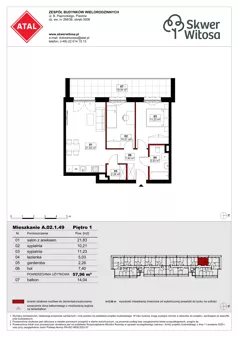 3 pokoje, mieszkanie 57,96 m², piętro 1, oferta nr A02.1.49, Skwer Witosa, Piastów, ul. Bodycha/Witosa