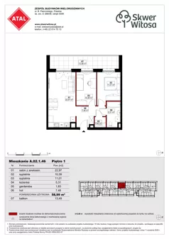 3 pokoje, mieszkanie 58,99 m², piętro 1, oferta nr A02.1.46, Skwer Witosa, Piastów, ul. Bodycha/Witosa