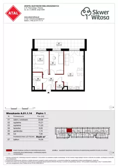 3 pokoje, mieszkanie 59,83 m², piętro 1, oferta nr A01.1.14, Skwer Witosa, Piastów, ul. Bodycha/Witosa