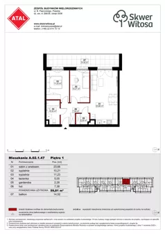 3 pokoje, mieszkanie 59,81 m², piętro 1, oferta nr A02.1.47, Skwer Witosa, Piastów, ul. Bodycha/Witosa
