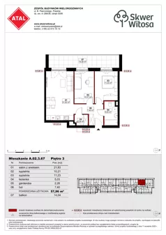 3 pokoje, mieszkanie 57,96 m², piętro 3, oferta nr A02.3.67, Skwer Witosa, Piastów, ul. Bodycha/Witosa